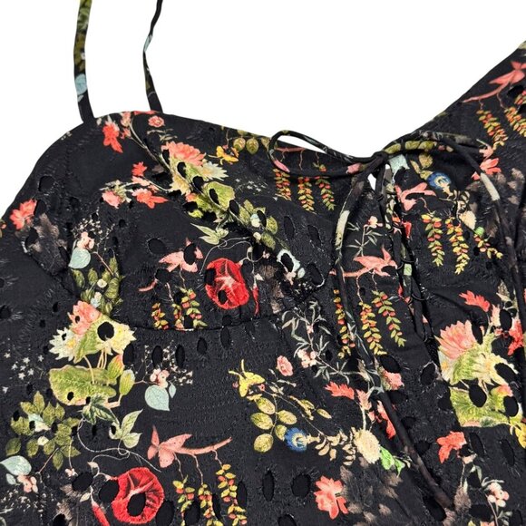 ALICE + OLIVIA Daisy Tiered Mini Dress Sz.10 Dark Floral Black Eyelet Tie-Front - Picture 14 of 16